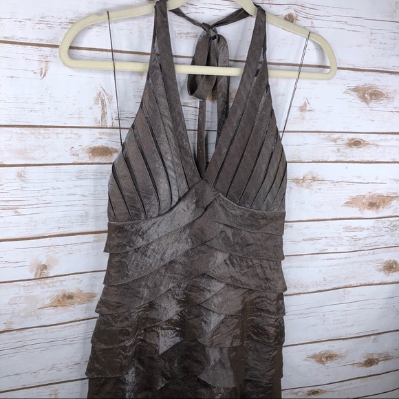 Cache brown ruffle vneck halter shimmer midi dress - Picture 2 of 8